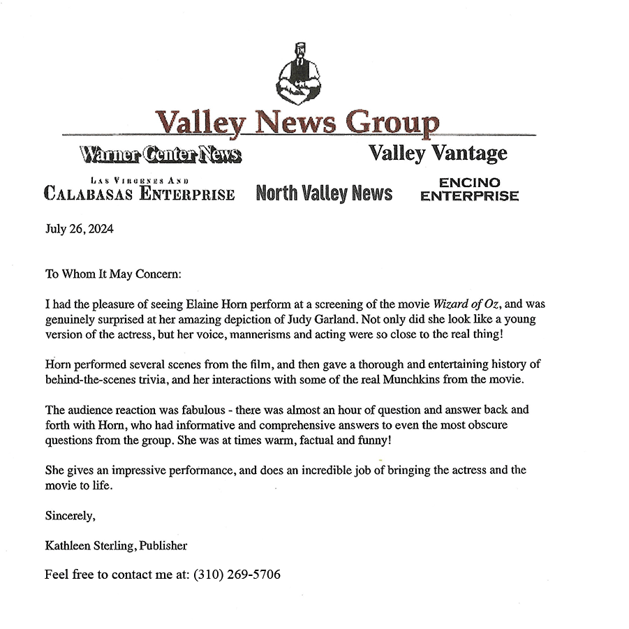 Letter of recommendation for Elaine Horn from Kathleen Sterling, Publisher, Valley News Group, dated July 26, 2024